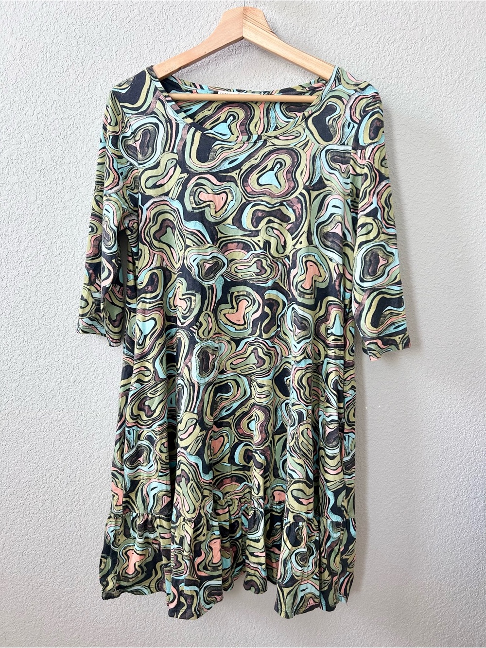Peruvian Connection Murano Swirl Dress Size Medium 100% Pima Cotton 3/4 Sleeves